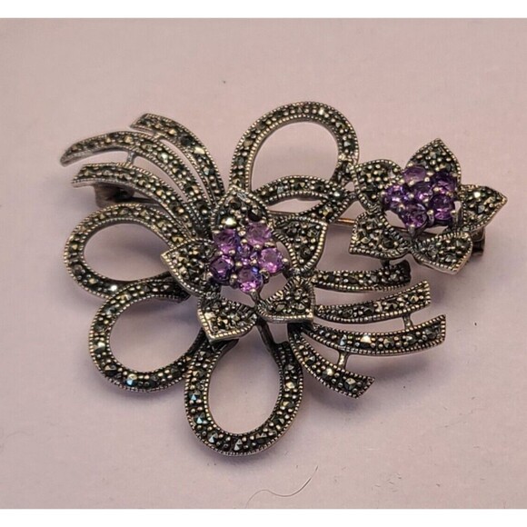 Sterling Silver Marcasite & Amethyst Flower Brooch/Pin 2.25" Wide 925 Vintage - Picture 2 of 5